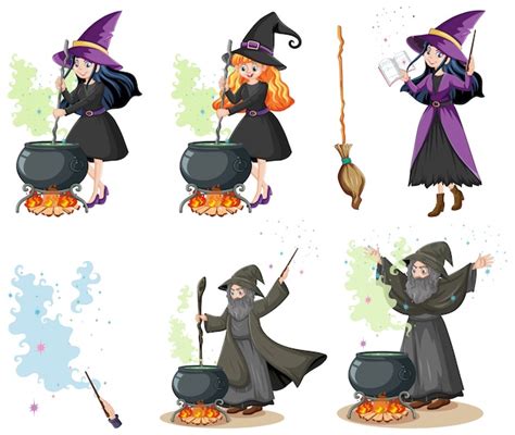Free Vector Set Of Wizard Or Witches With Magic Tools Cartoon Style