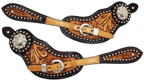 Horse Western Tooled Leather Studded Cowboy Boots Spur Straps 74RT0107
