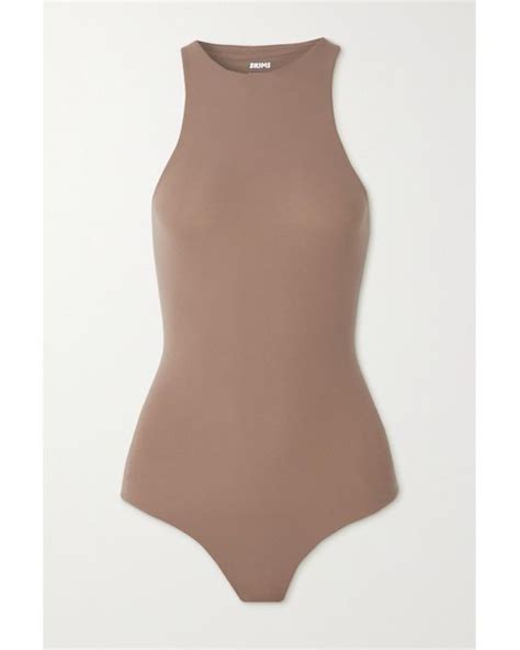 Skims Fits Everybody Stretch Satin Jersey Thong Bodysuit In Brown Lyst