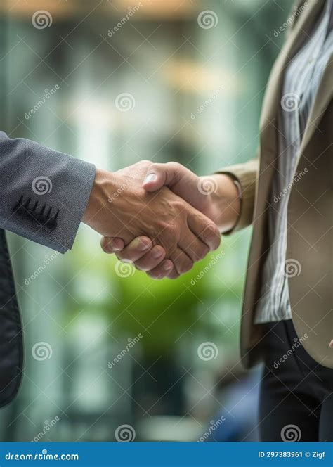 Two Business People Shaking Hands In Front Of An Office Stock