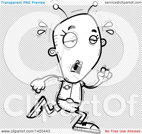 Clipart Of A Cartoon Black And White Lineart Doodled Exhausted Female