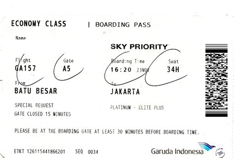 The Traveler S Drawer GARUDA INDONESIA Boarding Pass For The Flight GA From Batu Besar To