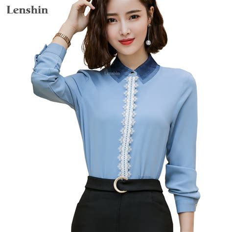 lenshin lace shirt female elegant contrast collar soft and comfortable blouse office lady work