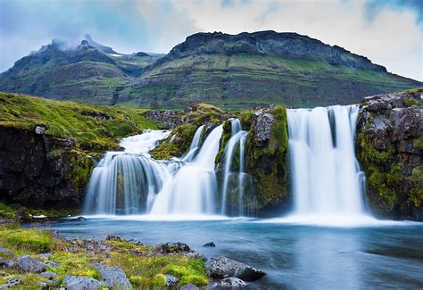 Waterfalls And Green Mountain Mountains Waterfall Iceland