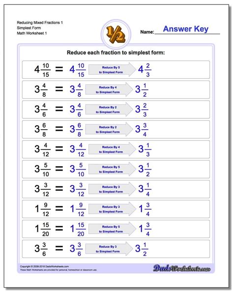 Reducing Fractions And Mixed Numbers Worksheet