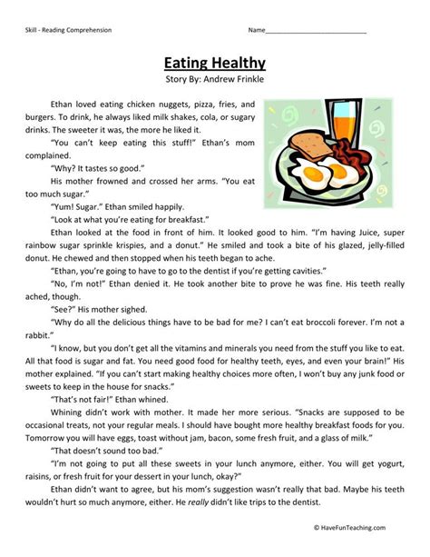 You are free to share your thought with us and our readers at comment box at the end of the page, and also, don't forget to share. Reading Comprehension Worksheet - Eating Healthy | Reading ...