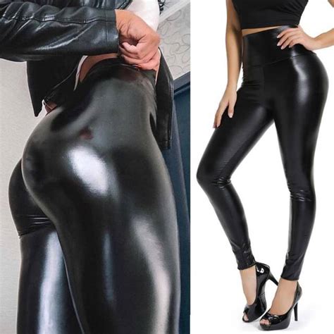 Women High Waist Black Faux Leather Leggings Wet Look Shiny Stretch