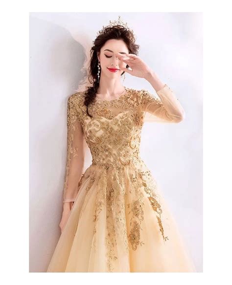 luxe champagne gold long sleeve prom dress tulle with beaded lace wholesale t76032