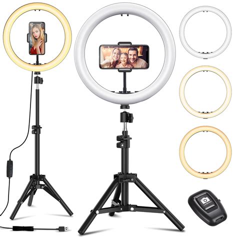selfie ring light with black tripod stand 10 inch dimmable desktop ringlight with diy ports