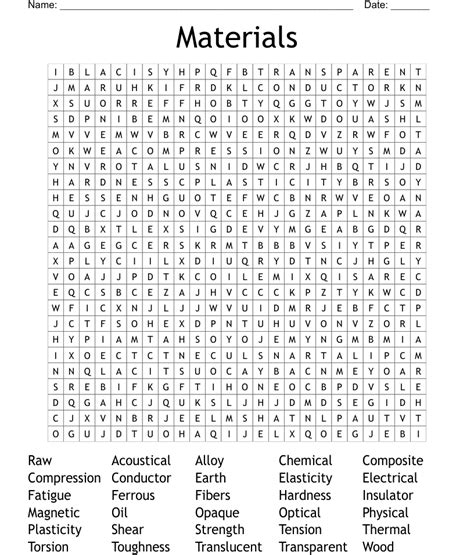 Materials Word Search Wordmint