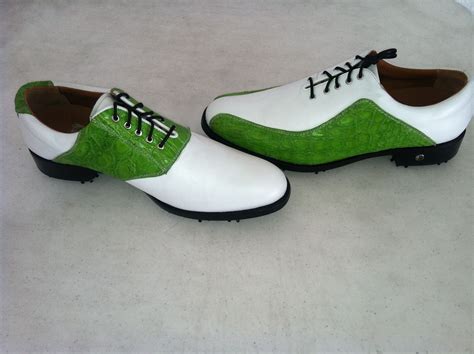 Lime Green Genuine Crocodile Golf Shoes On White Kangaroo Leather