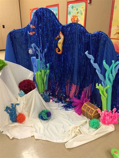 This was a much smaller space than where we used the movable wall and the under the sea decorations in the banquet room. Ocean commotion vbs, Ocean vbs, Vbs crafts