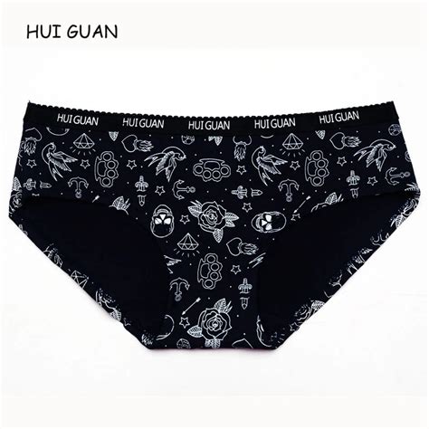 Hui Guan Punk Rock Rose Skull Diamond Print Cotton Panties Thong Lingerie Skeleton Cool Girl