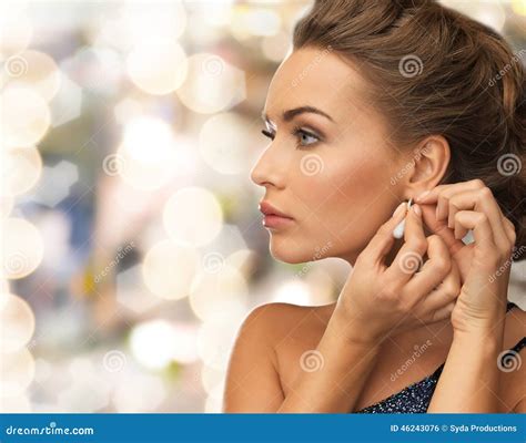 Close Up Of Woman Wearing Earrings Stock Photo Image Of Beautiful