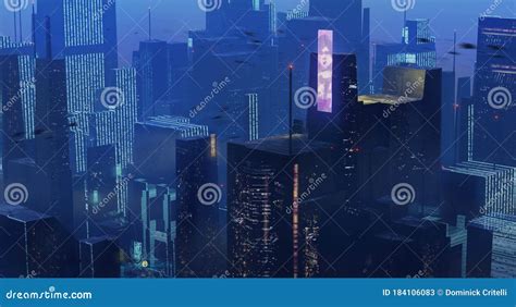 3d Illustration Of Dark Blue Science Fiction Dystopian Future City With