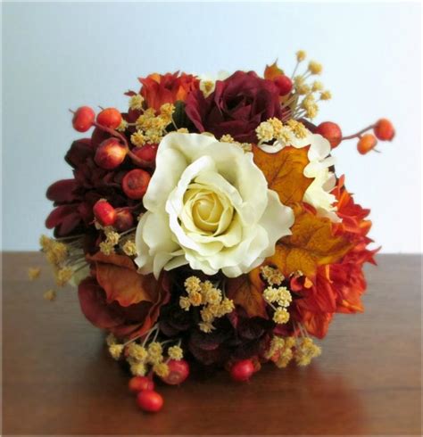 Burnt Orange Burgundy And Ivory Fall Silk Wedding Bouquet Roses