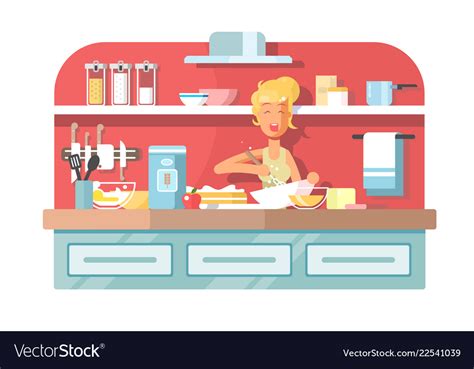 Housewife Cooking Food On Kitchen Royalty Free Vector Image
