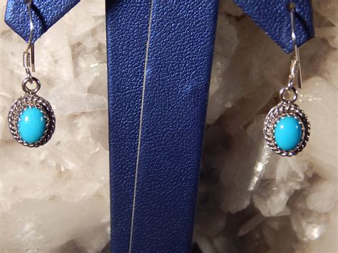 Blue Turquoise Cabochon Oval Earrings Bezel Set Pierced Wire Etsy UK