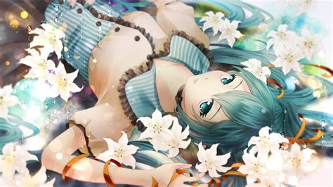 Wallpaper Water Drops Hatsune Miku White Flowers Vocaloid Lying