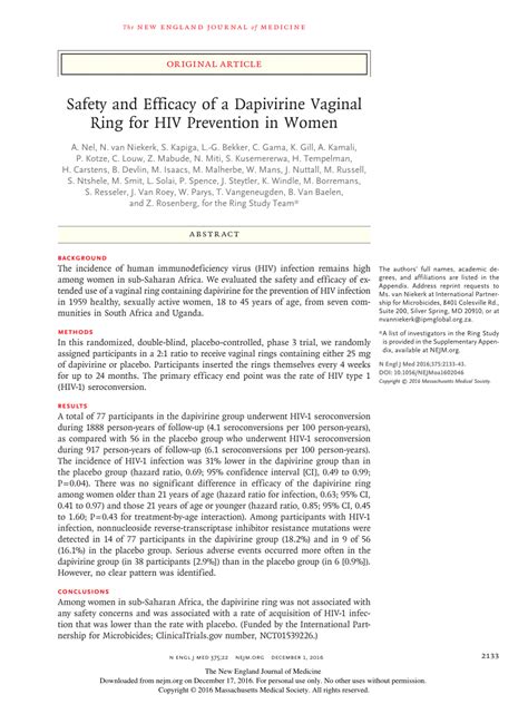 Pdf Safety And Efficacy Of A Dapivirine Vaginal Ring For Hiv