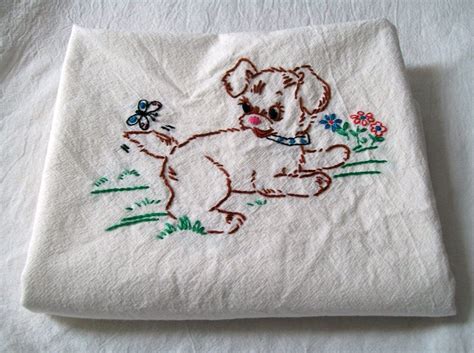 Hand Embroidered Kitchen Dish Towel Embroidery Puppy