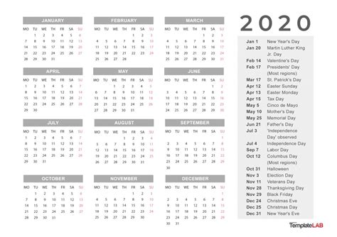 2020 Printable Calendars Monthly With Holidays Yearly Template Lab