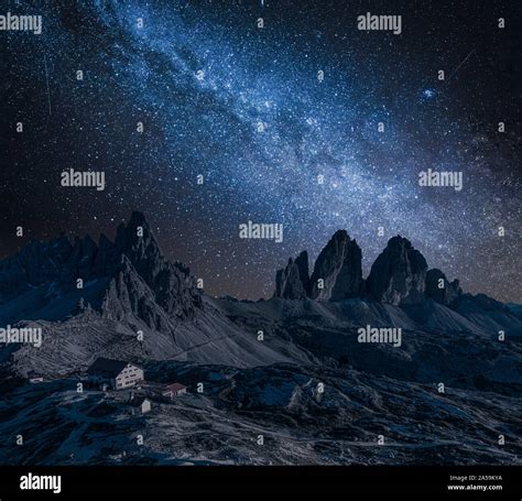 Milky Way Over Tre Cime And Dreizinnen Hut Dolomites Stock Photo Alamy
