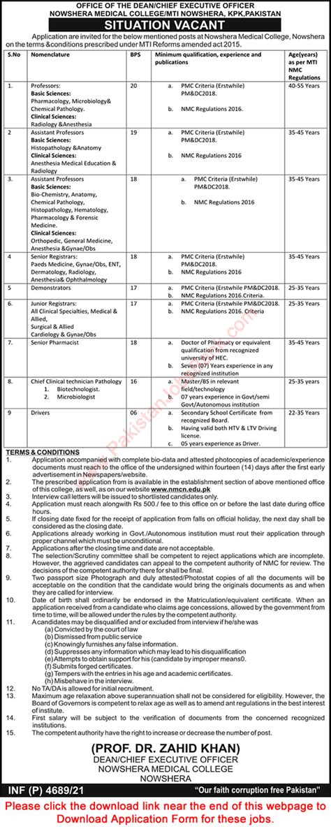 Nowshera Medical College Jobs 2021 September MTI Application Form