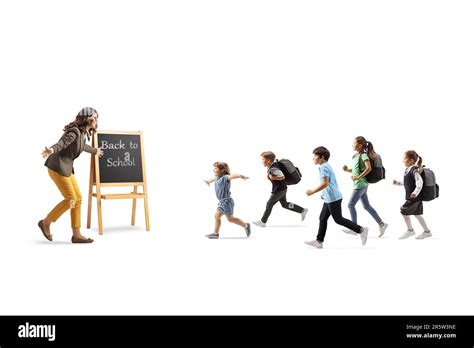 Group Of Children Running Towards A Teacher And Blackboard Isolated On