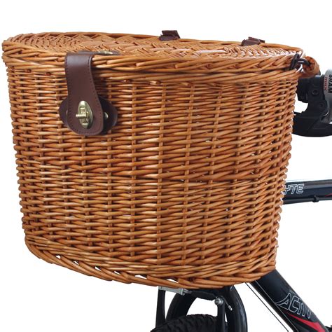 Selective focus of wicker basket with ripe apples and retro bicycle parked behind at countryside. WICKER BICYCLE FRONT PICNIC BASKET WITH LID & CARRY HANDLE ...