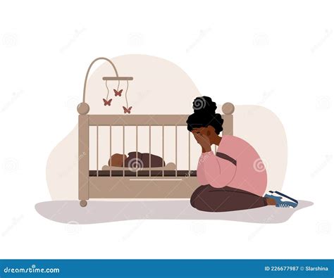 Postpartum Depression African Tired Woman Is Sitting On The Floor Near