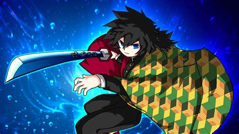 demon slayer giyuu tomioka having sword with blue eyes and background of dark blue and center
