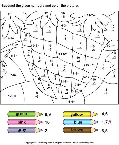 Subtract Numbers Up To Twenty And Color Picture Turtle Diary Worksheet