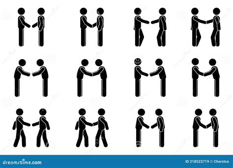 Handshake Stick Figure Man Side View Poses Postures Vector Icon Set