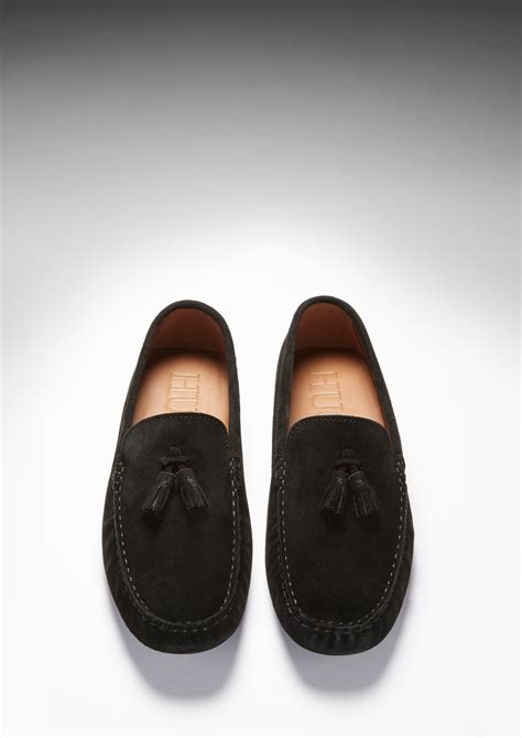 Tasselled Driving Loafers Black Suede Hugs And Co