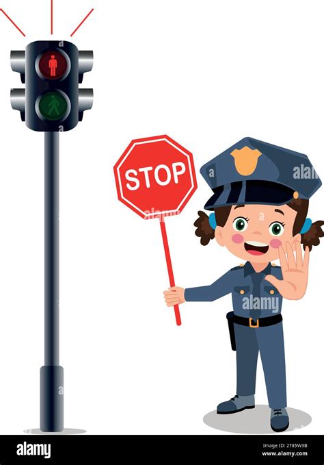 Happy Cute Little Kid Boy Wearing Police Uniform And Holding Stop Sign
