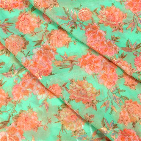 Buy Green And Pink Floral Design Silk Organza Fabric 50025
