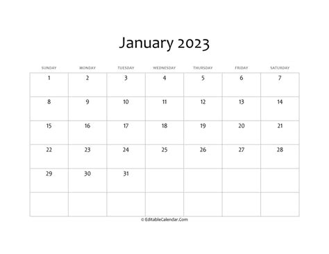 Download Blank January Calendar 2023 Word Version