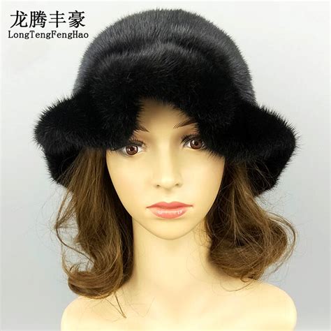 Women Real Mink Fur Bowler Hat Winter Black Fur Cap With Lace Female