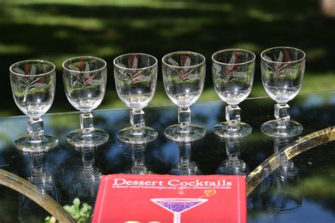 Vintage Etched Wine Cordials Glasses Set Of 6 Circa 1950 4 Oz After Dinner Drink Glasses
