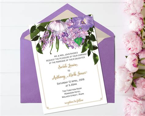 Lavender Floral Wedding Invitation Purple Invitation Reception