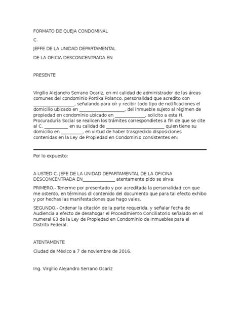 Formato De Queja Condominal Pdf