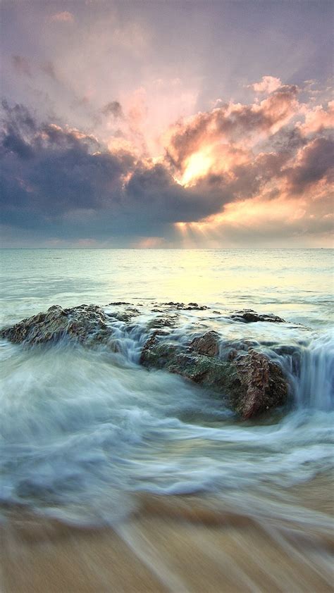 2160x3840 Beach Sea Dawn Dusk Landscape Ocean Rocks Sunlight Sony