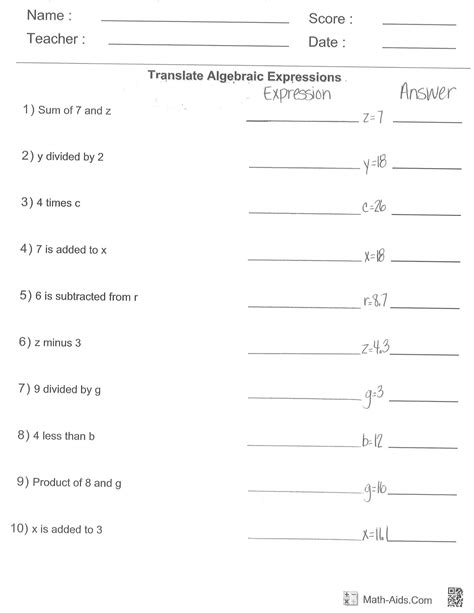 Writing Algebraic Expressions Worksheet
