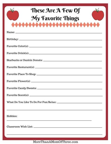 Teacher Favorite Things Printable