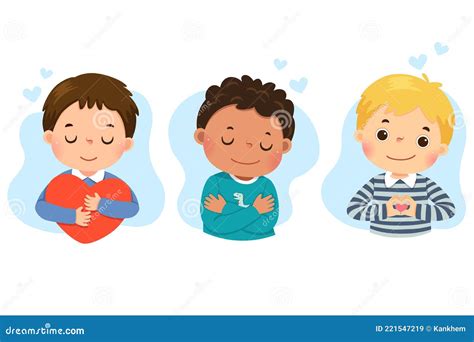 Set Of Cartoon Of Little Boys Hugging Themself Self Love Self Care