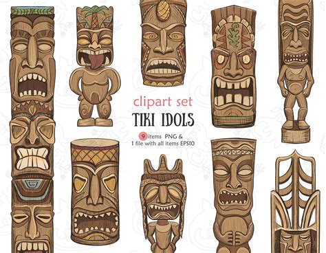 Tiki Idols Digital Clipart Set Hawaiian Totems Clipart Color Etsy