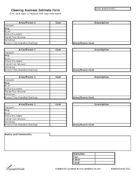 Cleaning Business Estimate Form Excel Spreadsheet Cleaning Business