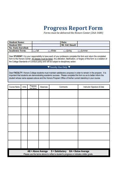 Free 30 Student Progress Report Forms In Pdf Ms Word