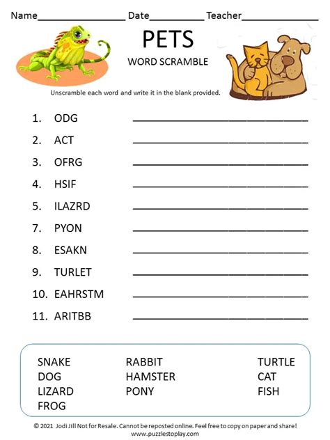 Pets Word Scramble For Kids Puzzles To Play